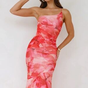 Hello Molly Totally Fabulous One Shoulder Mesh Maxi Dress Print